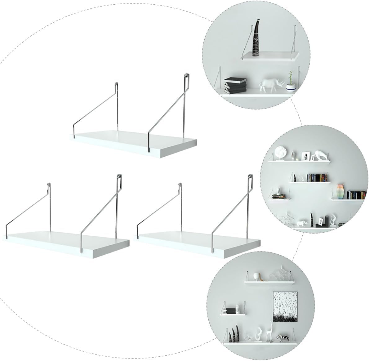GARVALON 3pcs Floating Wall Shelves White 30x15cm Multi-Functional Storage Rack Punch-Free Wall Mount Rack for Bedroom Living Room Home Organization