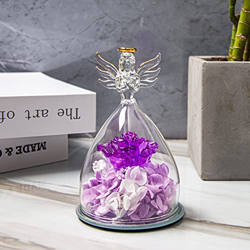 Hakeemi Handmade Glass Rose Flower Gift, Angel Figurines With Preserved Rose, Unique Gifts For Mom, Her, Glass Flowers Decoration For Home, Office, Angel Statue (Purple) #TOP4