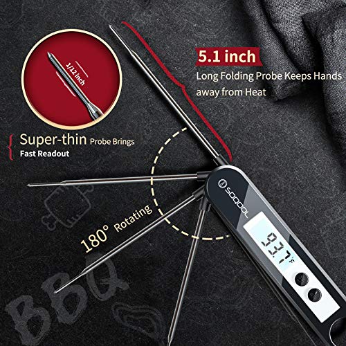Meat Thermometer, Candy and Food Thermometer for Cooking, SOQOOL Digital Instant Read Meat Thermometer for Kitchen Oil Deep Fry Outdoor BBQ Grill, Folding Probe Backlight & Calibration Function