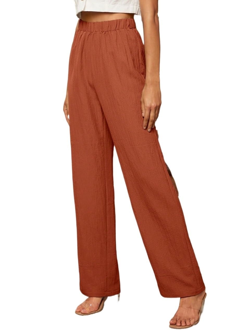Womens Classic Casual Pants Solid Elastic Waist Straight Leg Pants Medium