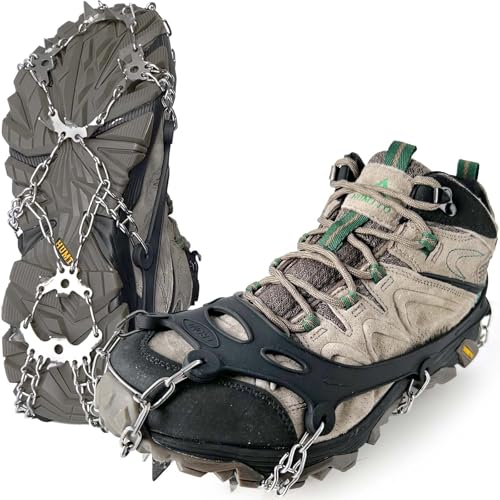 EWENYS Crampons Ice Cleats Traction Snow Grips for Hiking Boots Shoes, Ice Grippers with 19 Anti-Slip Stainless Steel Spikes, for Winter Outdoor Trekking,Fishing,Hunting and Hiking