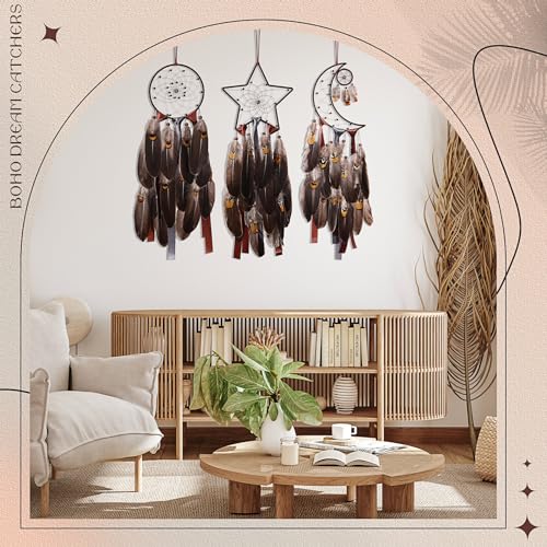 Jetec 3 Pcs Dream Catcher Moon Sun Star Design Handmade Traditional Design Craft Ornament Wall Art Hanging Home Decoration Bedroom Wedding(Brown) - Image 3