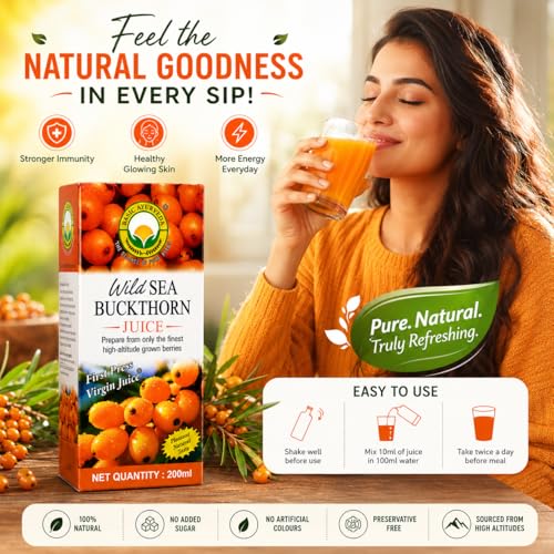 Image of Basic Ayurveda Wild Sea Buckthorn Juice 200 ml | Herbal Berry Juice for Men & Women | Natural Vitamin C, Vitamin E, Omega 3 6 7 9 & Antioxidants | Supports Immunity, Skin Health & Daily Wellness