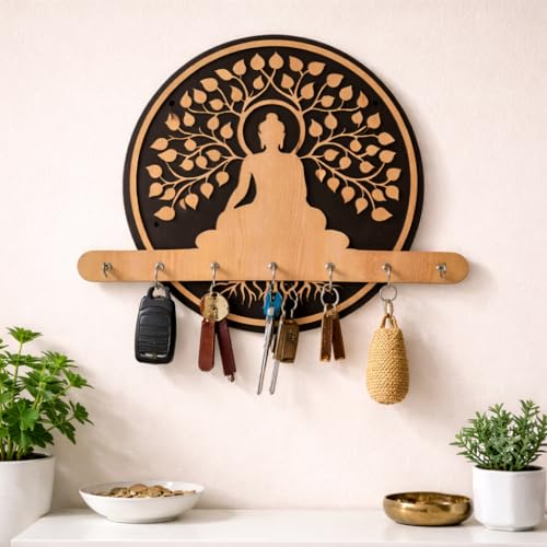 Image of CraftVatika Wooden Key Holder for Home Decor Items, Key Hanger Wall Mounted Decoration Handicraft Key Chain Stand Wood Keys Organizer 6 Stainless Steel Hook Decorative Items for Home Decor, Wall Decor