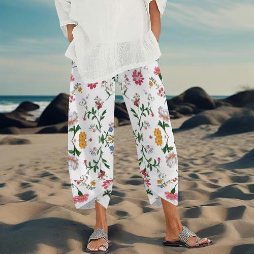Womens Cotton Linen Floral Pants Lavender Print Wide Leg Loose Fit Elastic Waist Summer Breathable Loungewear2