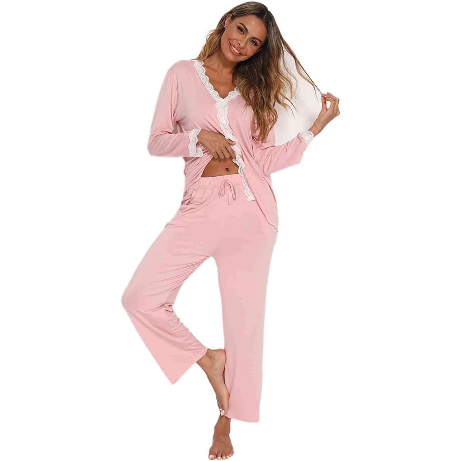 Jecarden Pyjama deux pièces à manches longues en coton modal, bord en dentelle, pour femmes et filles