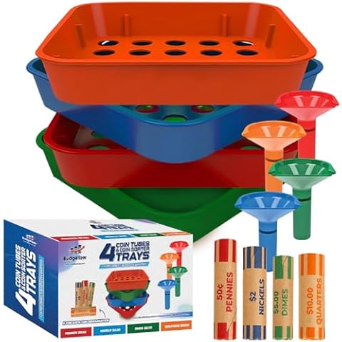 Coin Counters Tubes & Coin Sorters Tray – 4 Color-Coded Coin Sorting Tray and 4 Coin Counting Tubes - Bundle with 24 Count Tubular Coin Roll Wrappers for US Coins Cover