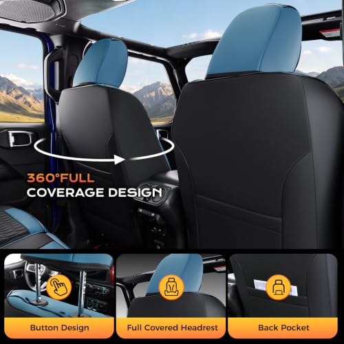 Image of Coverado Seat Covers for Jeep Wrangler, Waterproof Leather Car Seat Covers for Truck Automotive Seat Covers Custom Fit for 2018-2026 Jeep Wrangler JL Seat Covers 4 Door Full Coverage (Blue)