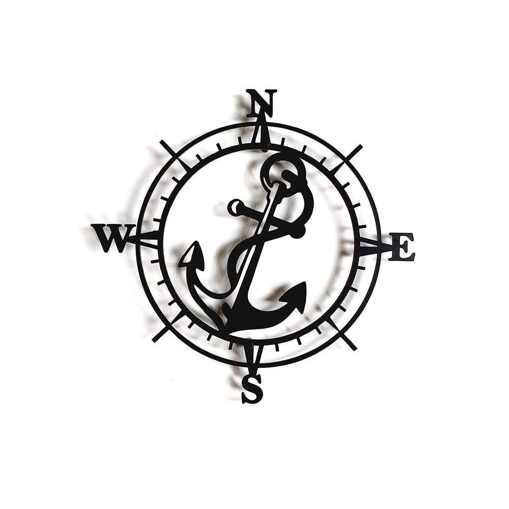 Decorizzly® Kompass aus Metall schwarz Windrose Kompassrose im nautischen Stil, 50cm modern 3D-Wanddekoration, Segeln Marine Wanderlust, Geometrische Wanddeko (Kompass ANCHOR)