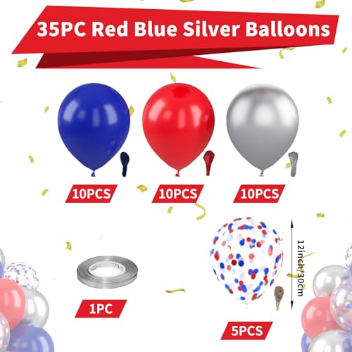Image of Red Blue Silver Balloons, Blue and Red Balloon, Royal Silver Balloons Confetti Balloon for Man Theme Birthday Boys Baby Shower Wedding Anniversary Party Independence Day Decorations