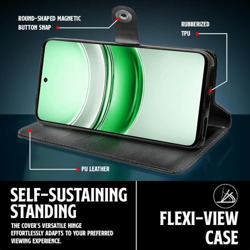 Image of WOW IMAGINE Shock Proof Flip Cover Back Case for Realme C75 | Realme C73 | Narzo 80 lite 5G | P3 Lite 5G (Magnetic Button Flip Case | Wallet Pockets & Stand | Leather Finish | (Haze Black)