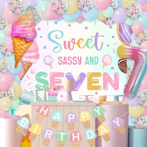 Image of Sweet Sassy and Seven Birthday Backdrop 7th Birthday Decorations for Girls | Sweet Sassy and 7 Birthday Decorations 7 Year Old Girl Birthday Decorations Ice Cream Banner 7 Balloons Party Supplies