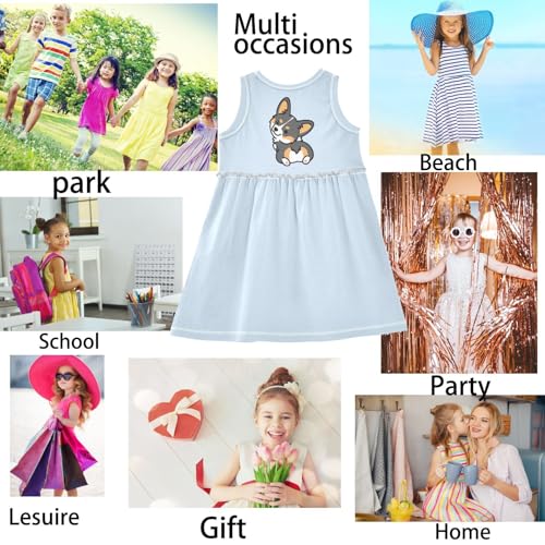 Girl Sleeveless Dress Summer Tank Play Dress Outfit Cute Tricolor Corgi Dog Wink Back 2T-8T2