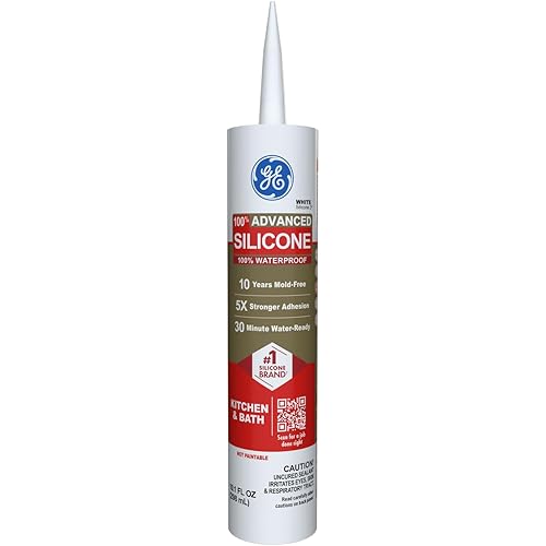 GE Advanced Silicone Caulk for Kitchen & Bathroom, White, 10 fl oz Cartridge, 1 Pack - 100% Waterproof Silicone Sealant, 5X Stronger Adhesion, Shrink & Crack Proof