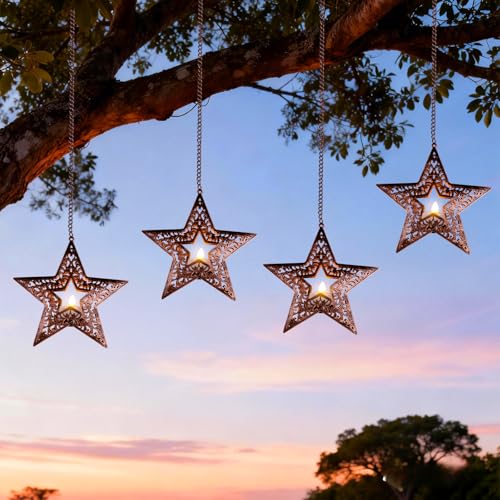 Hanging Solar Lights for Trees Outside 4 Pack 6-Inch Hanging Star Lanterns with Solar Tea Lights Outdoor Waterproof Icetry Star Light Tree Lanterns Decoration for Porch Patio Pergolas Yard