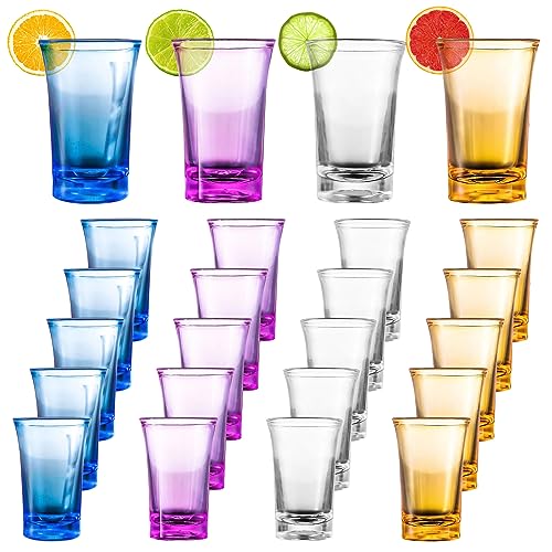 24 Stück 3.5cl/35ml Shotgläser Aus Plastik - Dicke Boden, Transparent Pinchengläser Acryl, Farbige Shot Gläser Set für Tequila, Wodka, Ouzo, Sambuca, Likör