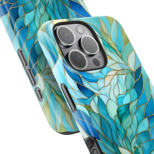 Image of Goodon for iPhone 16 Pro Max Case Cute - Wireless Charging Compatible - Dual-Layer Hard Shell + Silicone Cover - Protective Phone Case with Trendy Designs for Women - Blue Leaves Flower