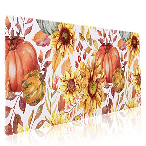 Image of Fall Pumpkin Sunflowers Mouse Pad XXL Watercolor Retro Autumn Leaves Floral Extended Desk Mat Non-Slip Rubber Base Stitched Edge Large Thanksgiving Mousepad for Gaming Laptop Computer 35.4x15.7 Inch