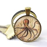 Llavero de pulpo vintage, llavero de arte vintage, diseño de animales marinos, pulpo antiguo, pipa de pulpo, joyería marinera, joyería del océano