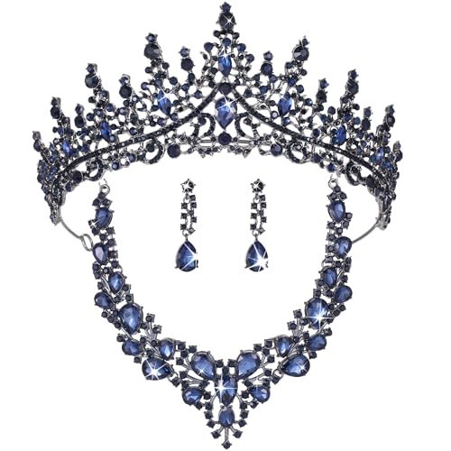 Kamirola Tiaras and Crowns for Women Tiaras Earrings Necklace Crystal Bridal Jewelry SetTR83 (Black blue)