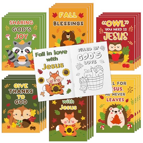 Image of Fall Animal Theme Coloring Books for Kids - 24Pcs Bulk Autumn Christian Mini Coloring Booklet DIY Art Drawing Book with Squirrel Hedgehog for Toddlers Halloween Thanksgiving Party Goodie Bag Filler