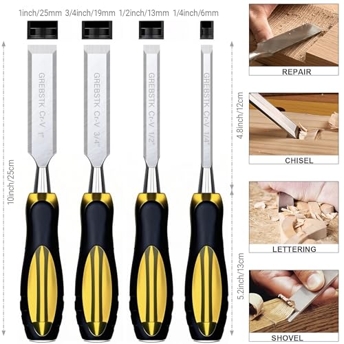Image of GREBSTK 4-Piece Ultra-Sharp Wood Chisel Set, CR-V Steel Beveled Blades with Guards, Comfortable & Durable Handle, for Carving, DIY & Woodworking (1 /4 inch, 1 /2 inch, 3 /4 inch, 1 inch)