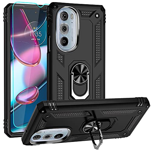 Moto Edge Plus 2022 Case, Motorola Edge+ 2022 Case with HD Screen Protectors, Androgate Military-Grade Metal Ring Kickstand 15ft Drop Tested Shockproof Cover Case for Motorola Moto Edge+ 2022 Black