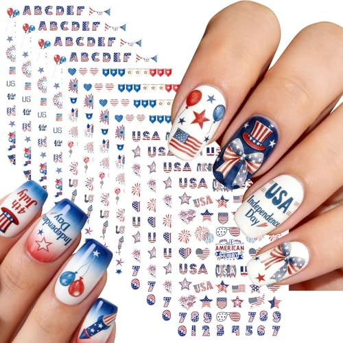 4th of July Nail Stickers - 3D Self-Adhesive Fourth of July Nails Stickers - Red White and Blue American Flag Fireworks Star Nail Stickers for Women DIY Manicure Decoration Accessories