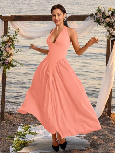Image of ChiaoLezhee Deep V Neck Dress, Halter Maxi Dresses, Vacation Date Night, Sexy for Women Corset Flowy Wedding Guest Drop Waist