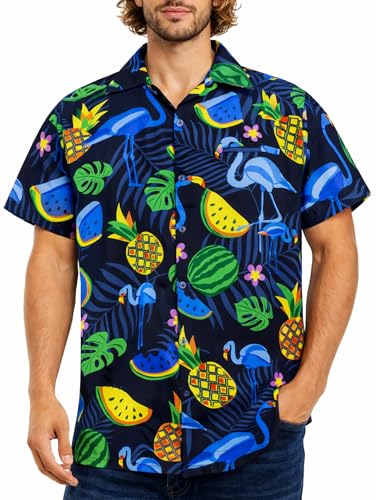 King Kameha Camisa Hawaiana Hombre de Manga Corta, Flamingo Melon, Azul Marino (Flamencos Azules), XL