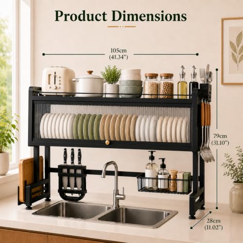 Image of COMFYHOME Over the Sink Dish Drying Rack for Kitchen More Sturdy Stable with Lid 105cm, Rust-Proof Durable, Features Knife Rack, Cutting Board Holder, Storage Basket Ideal for Dish Drainer Large Size