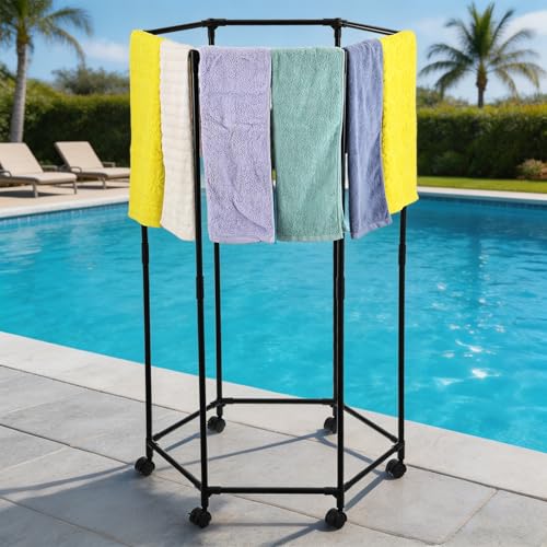 47in Tall Outdoor Pool Towel Rack Wheels Hexagonal Free Standing Blanket Holder Free Standing Towel Rack Hot Tub Accessories Outdoor for Poolside, Spa, Hot Tub