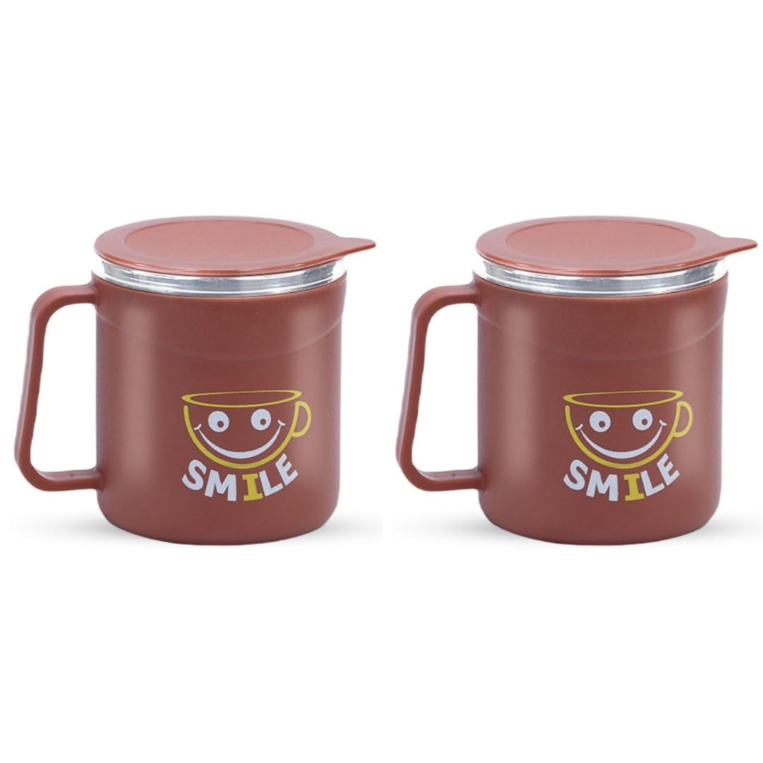 ATTRO Stainless Steel Happy Mug Comes with Double Wall Inner Stainless Still & Lid Stylish Cup Ideal for Hot Coffee, Tea-Red Set of 2, 300 ml