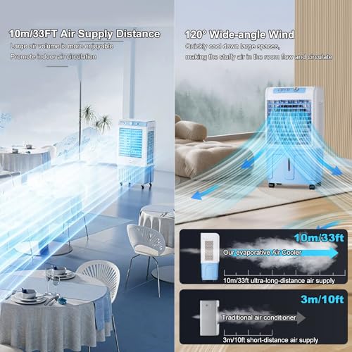 Enfriador de aire portátil, oscilación de 120°, ventilador de hielo de 3 velocidades, tanque de agua de 20-40 litros, enfriador silencioso y de bajo consumo para comodidad de verano en interiores y