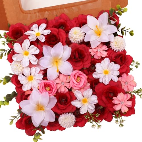 Nubry 64 Pcs Burgundy Artificial Flowers,Silk Fake Roses Flowers,Lily Flowers Hydrangea Daisy with Stems for Cake Decoration DIY Wedding Bridal Bouquets Birthday Party Decor Home Decoration