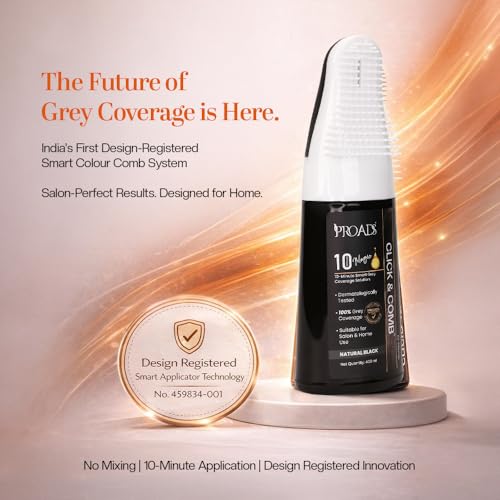 Image of PROADS Click & Comb Natural Black Hair Color for 100% Grey Coverage, No Bowl No Brush, Mess-Free 10-Min Quick Dye with Reusable Pre-Filled Hair Color Applicator, Dermatologically Tested, Unisex - 400ml + Starter Kit