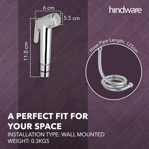Image of Hindware F160110CP Brisk Health Faucet | Made of ABS | 1.25 Metre Long Stainless Steel Flexible Tube and ABS Wall Hook - Jet Spray for Bathroom | Chrome Plated | 1-Year Brand Warranty