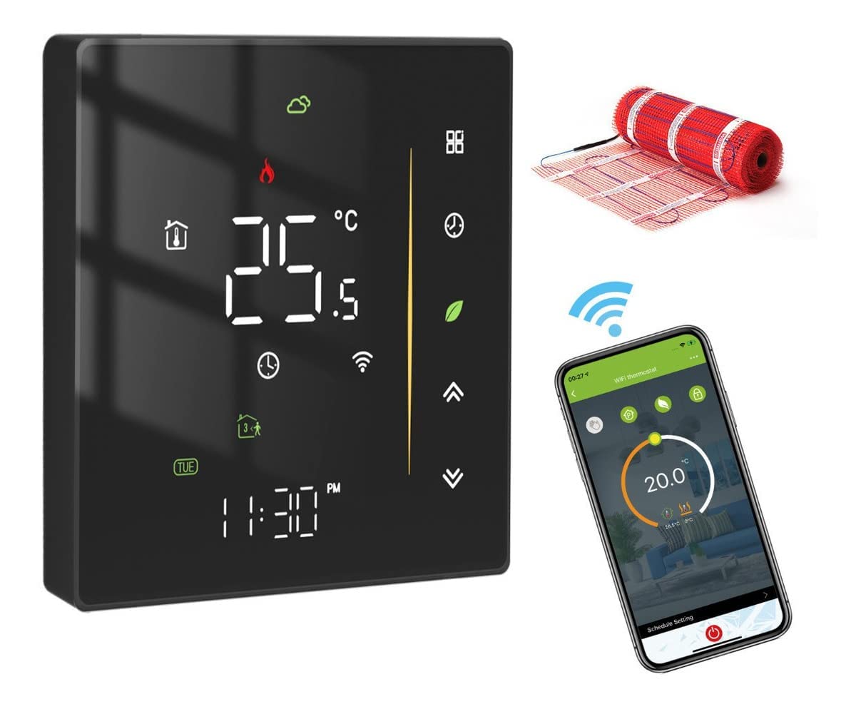 SYOSIWiFi Smart Thermostat, Digital Programmable Temperature Controller, Smart Life Floor Heating Thermostat, Alexa Google Home Voice Control, 2.4GHz WiFi Only (Black)