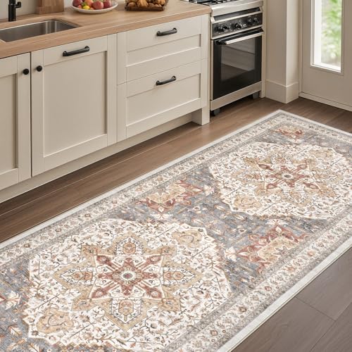 Tortania Area Rug 3x10 Runner Rugs - Washable Vintage Oriental Farmhouse Thin Indoor Carpet for Living Room Bedroom Hallway Entryway Kitchen Under Dining Table Home Office - Orange Multi
