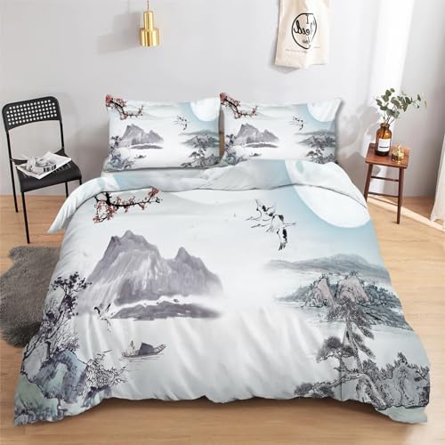 Boceoey Housse de Couette 220x240 Japonais Paysage Parure de Lit Adulte Réversible avec Fermeture Éclair - Housse Couette 2 Personnes Imprimée en Microfibre...