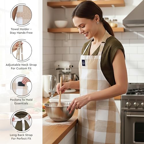 Image of Encasa XO 100% Cotton Apron Set for Women & Men with Adjustable Apron, Oven Gloves & Pot Holder (Pack of 3) Combo, Heat-Resistant, Soft & Durable for Cooking, Baking & Grilling (Buffalo Beige Checks)