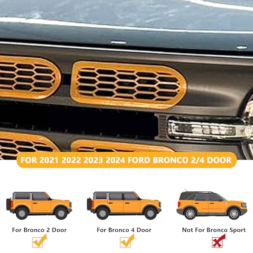 Image of Front Grill Inserts Cover Trims Mesh Grille Frame Kit Compatible with 2021 2022 2023 2024 2025 New Ford Bronco 2 /4 Door Exterior Decoration Accessories Protection Decor Decal, 6Pcs Yellow