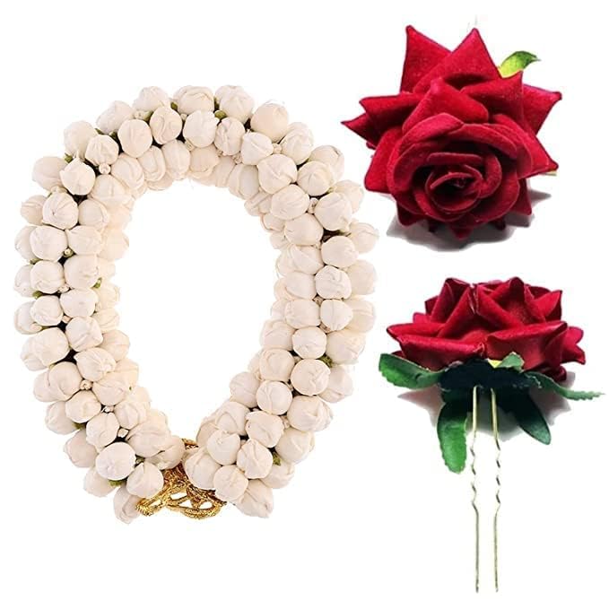 Image of Women Artificial Hair Bun Mogra Flower Gajra with 1 Rose U Pin Juda Hair Clip | Styling Hair Gajra Set for Women and Girls (Pack of 2)