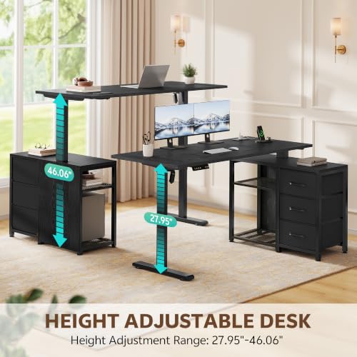 Image of 47 Inch L Shaped Desk with 3 Drawers Electric Standing Desks Black | with Storage Computer Table Adjustable Height with Power Outlets 4 Memory Presets for Home Office, Black