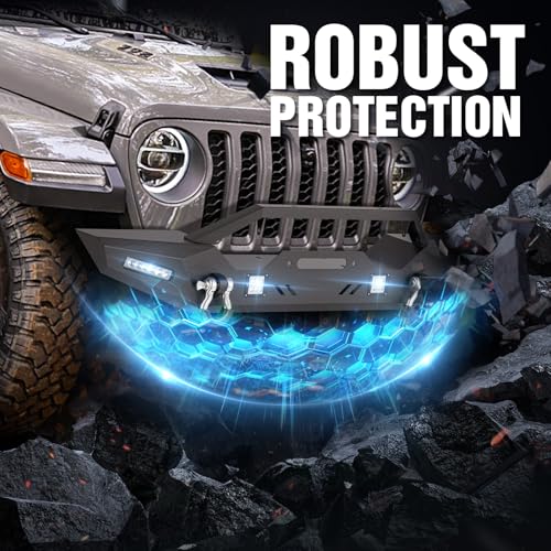 Image of for Wrangler JL JLU Front Bumper Compatible with 2018 2019 2020 2021 2022 2023 2024 2025 2026 Jeep Wrangler JL JLU Off-Road Steel Bumper with Winch Plate, 4 x 18W LED Lights & D-rings, Black