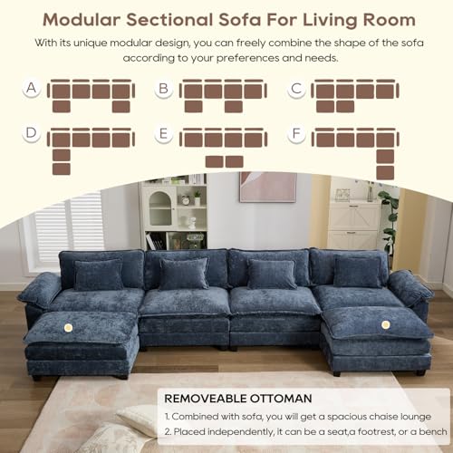 IPKIG 152\" Sectional Sofa Cloud Couch, Chenille U-Shaped Couch Comfy Upholstered 4-Seat Sofa with 2 Ottoman, 4 Lumbar Pillow, Deep Seat Modular Sofa for Living Room, Apartment, Studio, Blue, U-Shape - Thumbnail 2