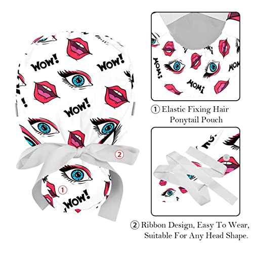 Image of 2 Pcs Working Cap with Button Sweatband Adjustable Bouffant Scrub Caps Funny Eyes Lips Pattern Working Head Cover for Women