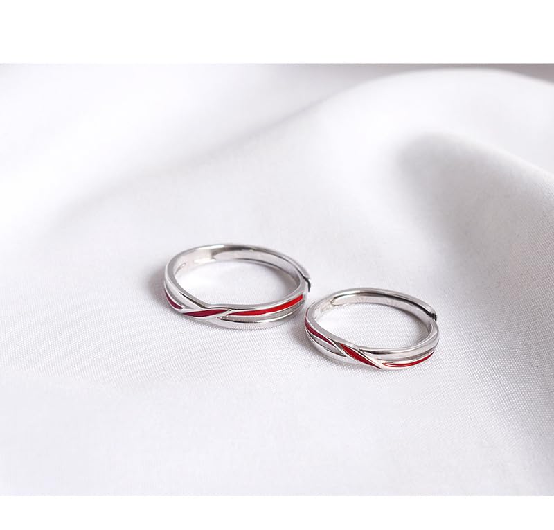 Anelli di Coppia in Argento 925, Anelli Di Fidanzamento Incisione con Filo Rosso Fedi Nuziali Lui e Lei Regolabile