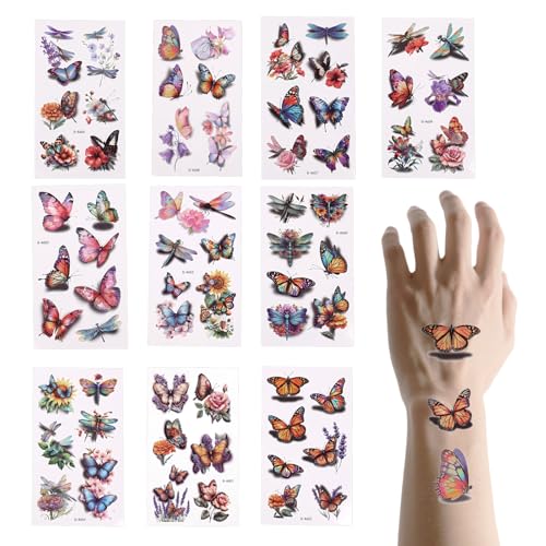 65 Pièces Tatouages Temporaires Papillon, Tatouages 3D Réalistes et Temporaires pour Enfants Aquarelle Faux Autocollants Libellule pour Garçons et Filles...