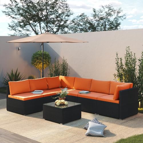Image of 7 Piece Outdoor Patio Furniture Sets, Orange Patio Sectional Furniture All-Weather PE Rattan Sectional Sofa, Outdoor Wicker Conversation Set w Glass Coffee Table for Backyard, Garden, Spring, 2026